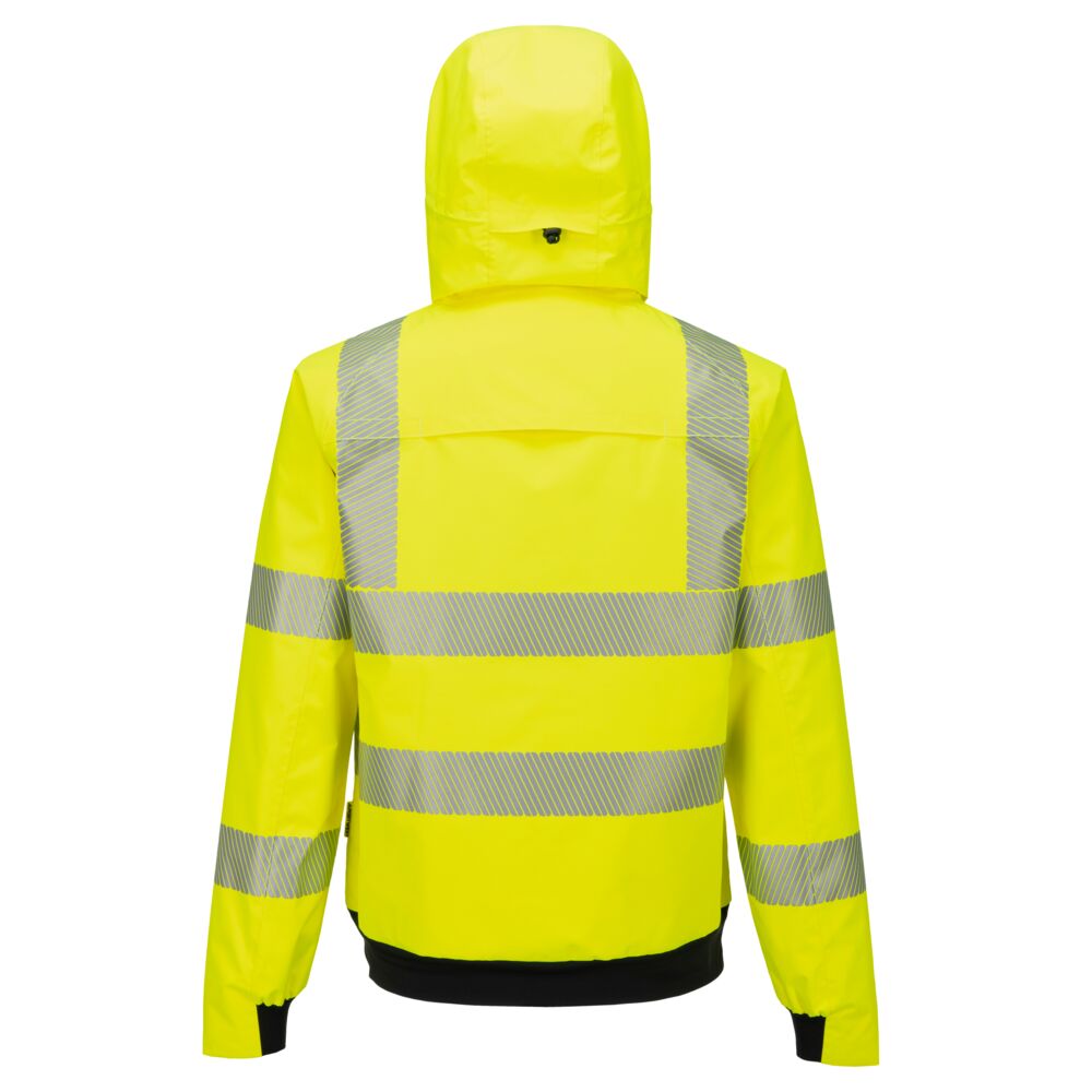 Keltainen Hi-Vis bomber-sadetakki takaa – heijastimet, joustava helma ja hengittävä rakenne