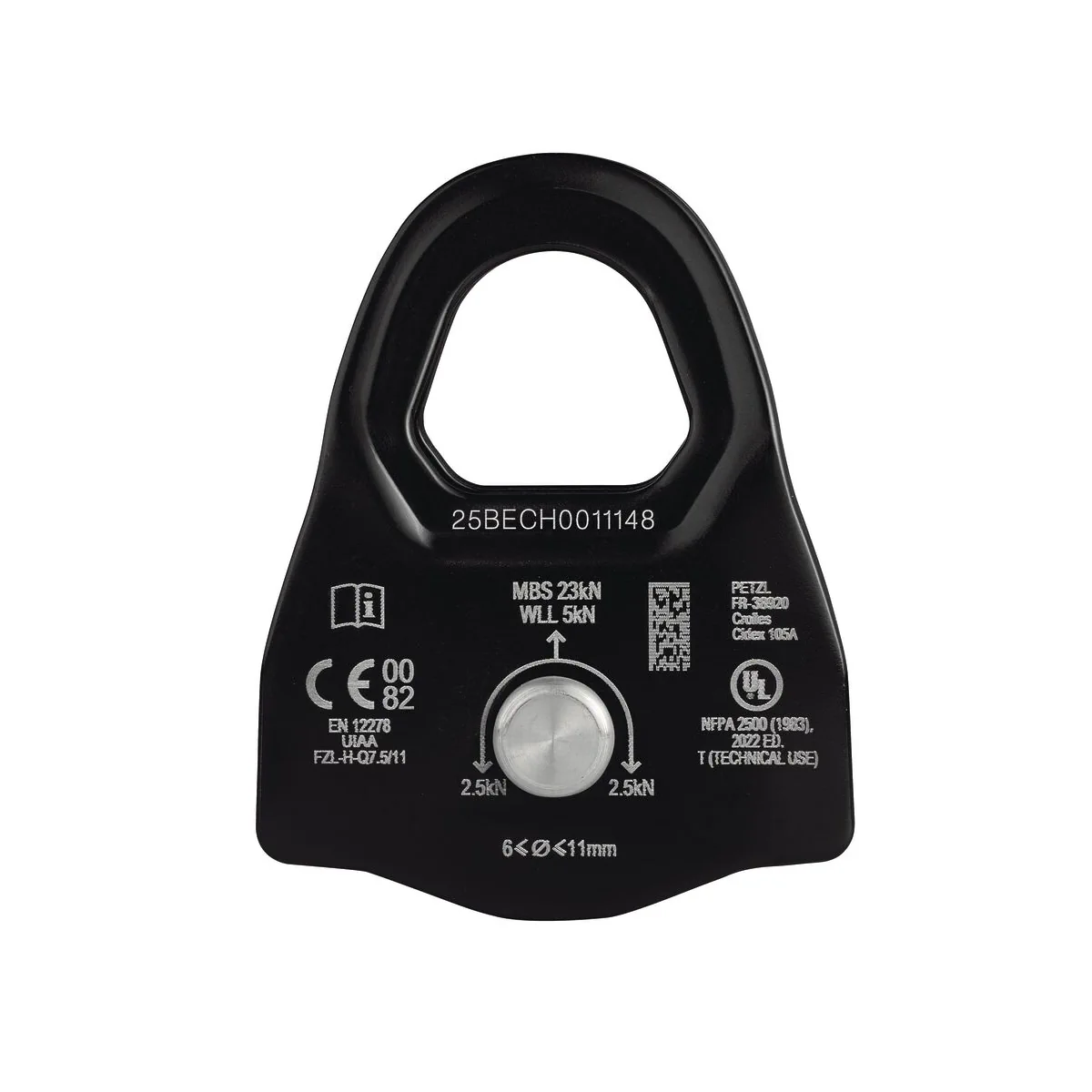 Petzl MINDER S1 väkipyörän tekniset merkinnät – 23 kN murtolujuus, 5 kN työkuorma ja EN 12278 -standardi