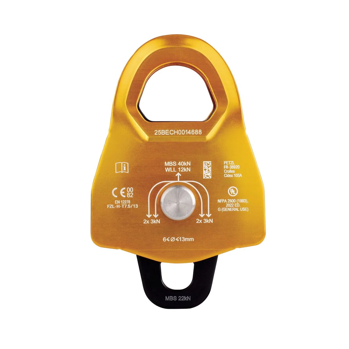 Petzl MINDER L2 väkipyörän tekniset merkinnät – 40 kN murtolujuus, 12 kN työkuorma ja EN 12278 -standardi