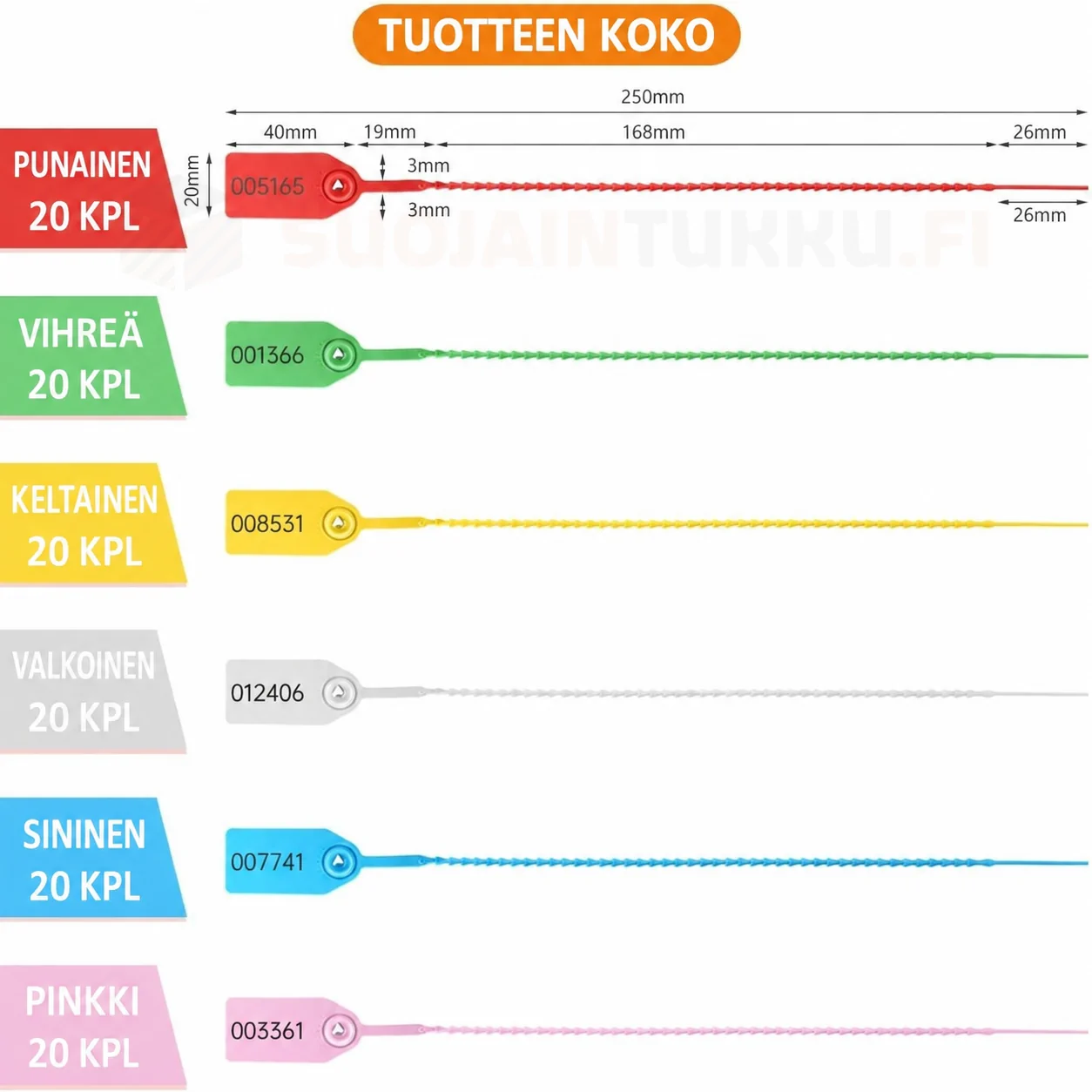 Numeroidut muoviset turvasinetit 250 mm – mitat ja kuuden värin lajitelma 120 kpl