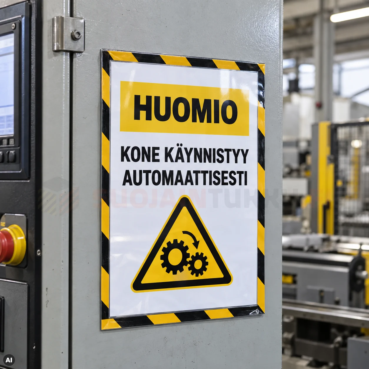 Kelta-musta magneettitasku A4 teollisuuskoneessa automaattisen käynnistyksen varoituskyltillä