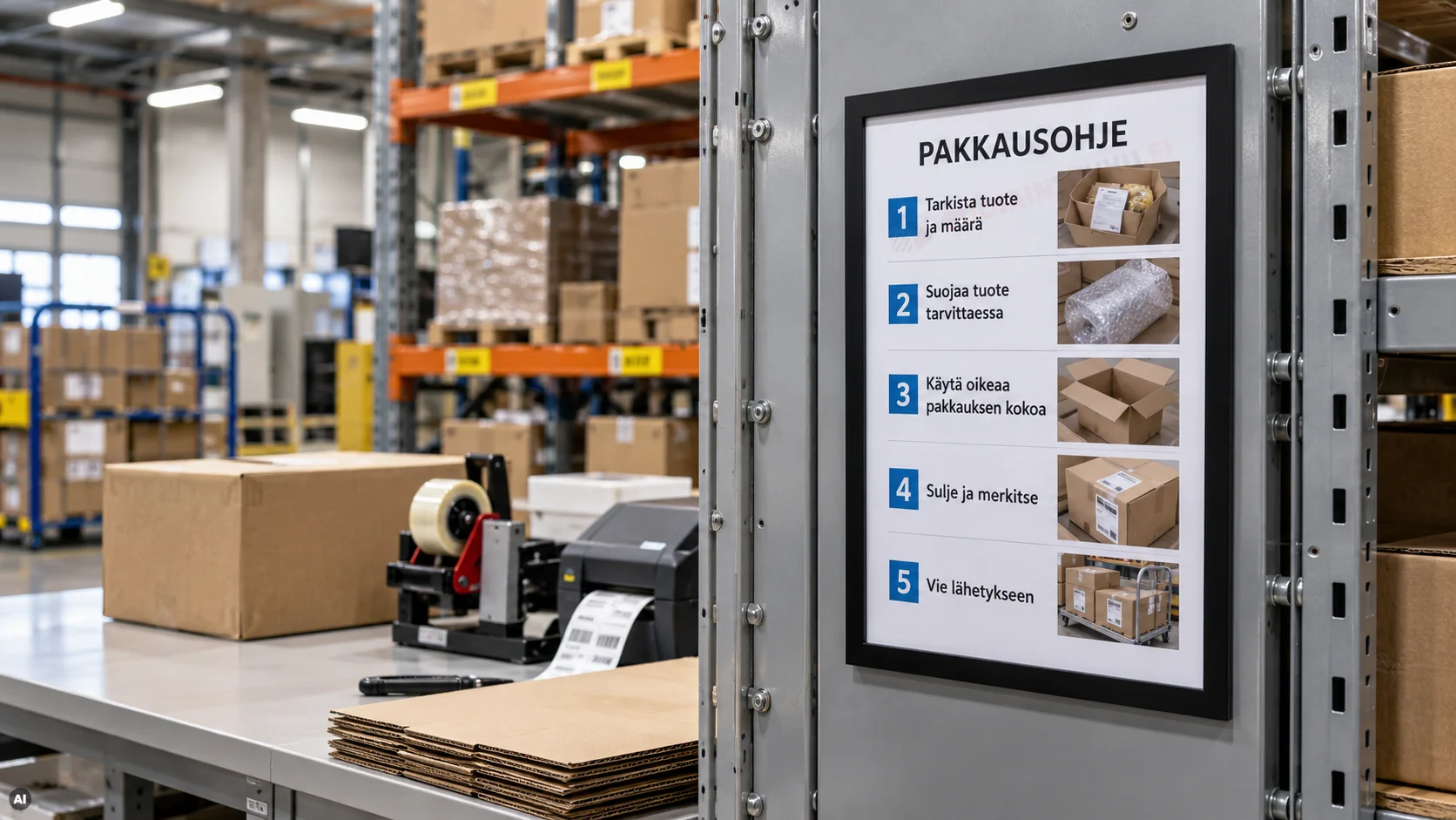 A4-magneettitasku varastossa pakkausohjeiden ja tarkastuslistojen esillepanoon