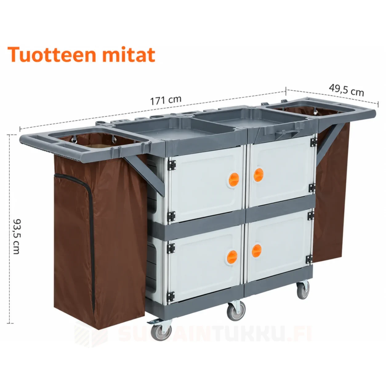 Ammattikäyttöön tarkoitetun siivousvaunun mittakuva, jossa näkyvät 171 cm pituus, 49,5 cm leveys ja 93,5 cm korkeus.