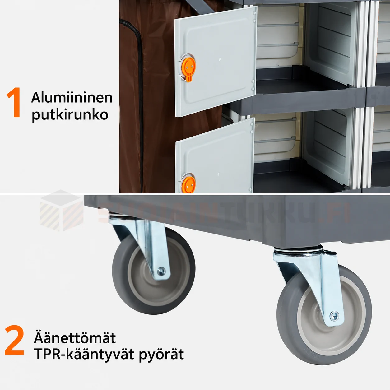 Ammattikäyttöön suunnitellun siivousvaunun kestävä alumiinirunko ja hiljaisesti liikkuvat TPR-kääntöpyörät.
