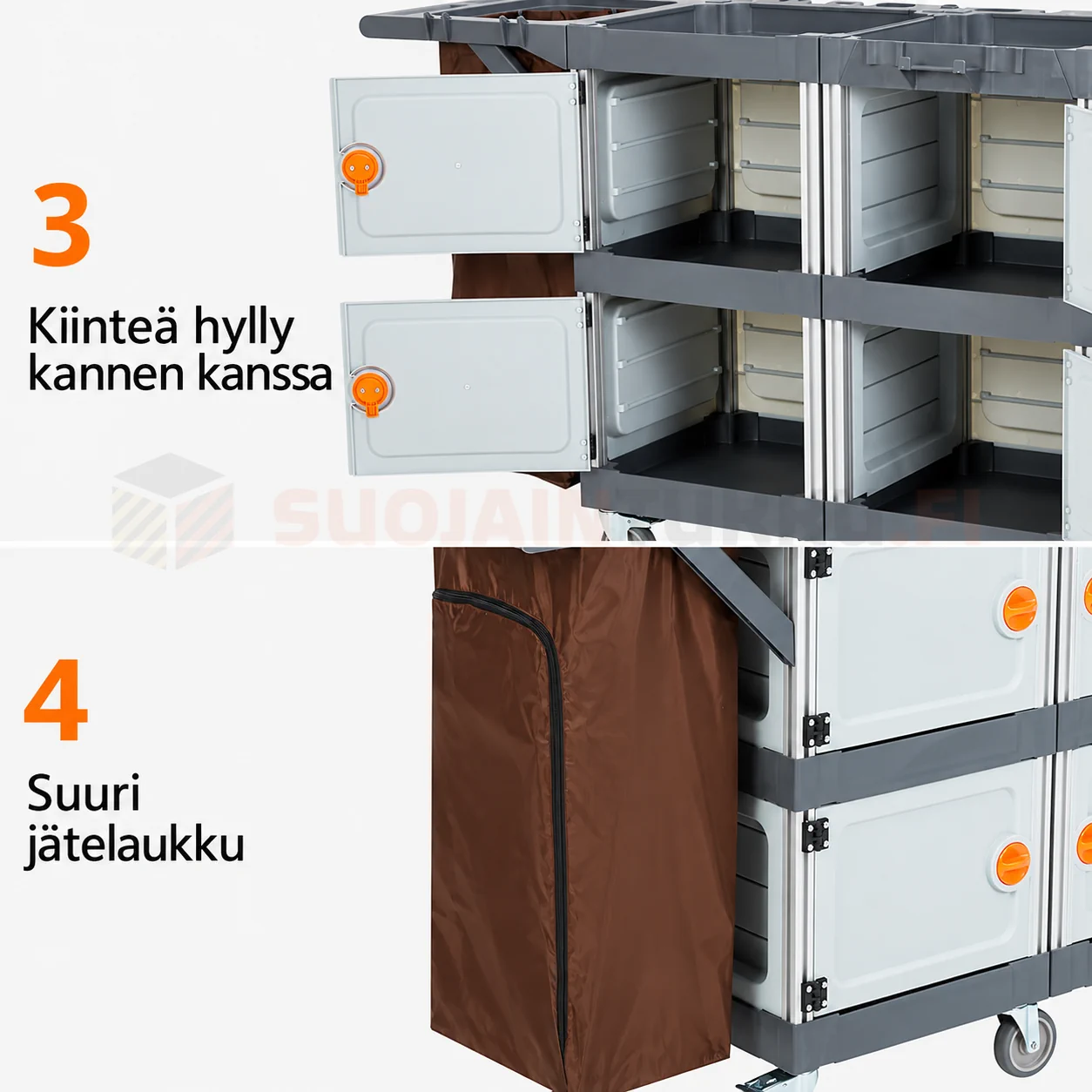Siivousvaunun neljä ovellista säilytyslokeroa ja suuri irrotettava jätesäkki ammattimaiseen siivoukseen.