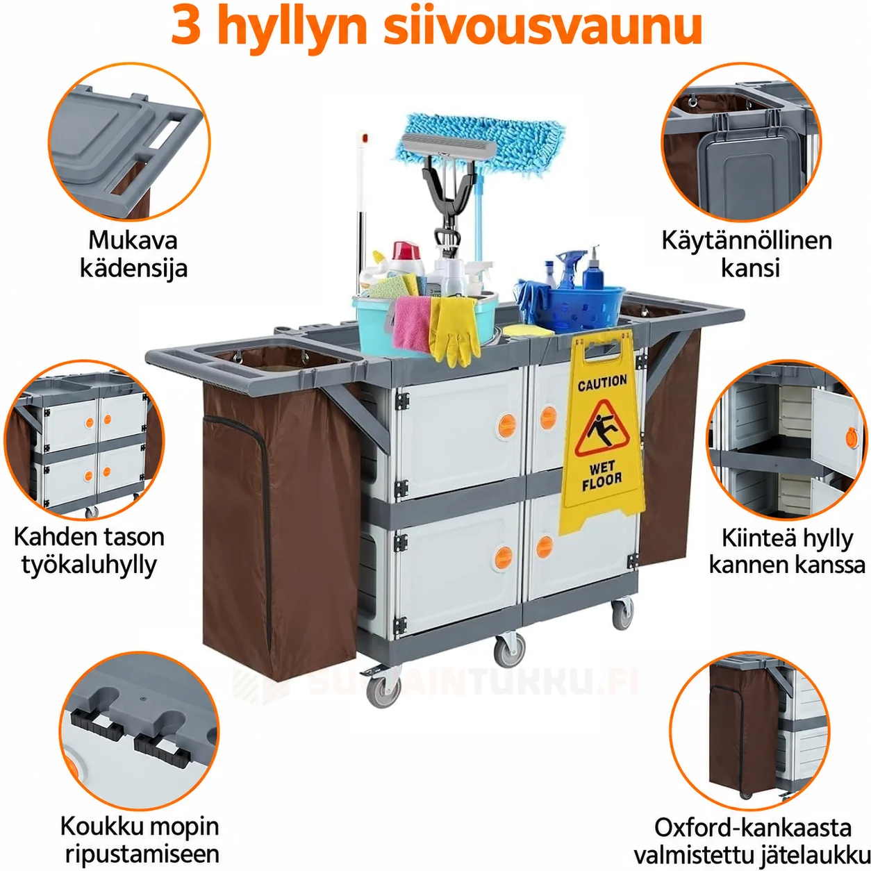 Monikäyttöinen siivousvaunu hotelleihin, sairaaloihin ja toimistoihin – suljettavat säilytyskaapit, jätesäkit ja mopinpidikkeet.
