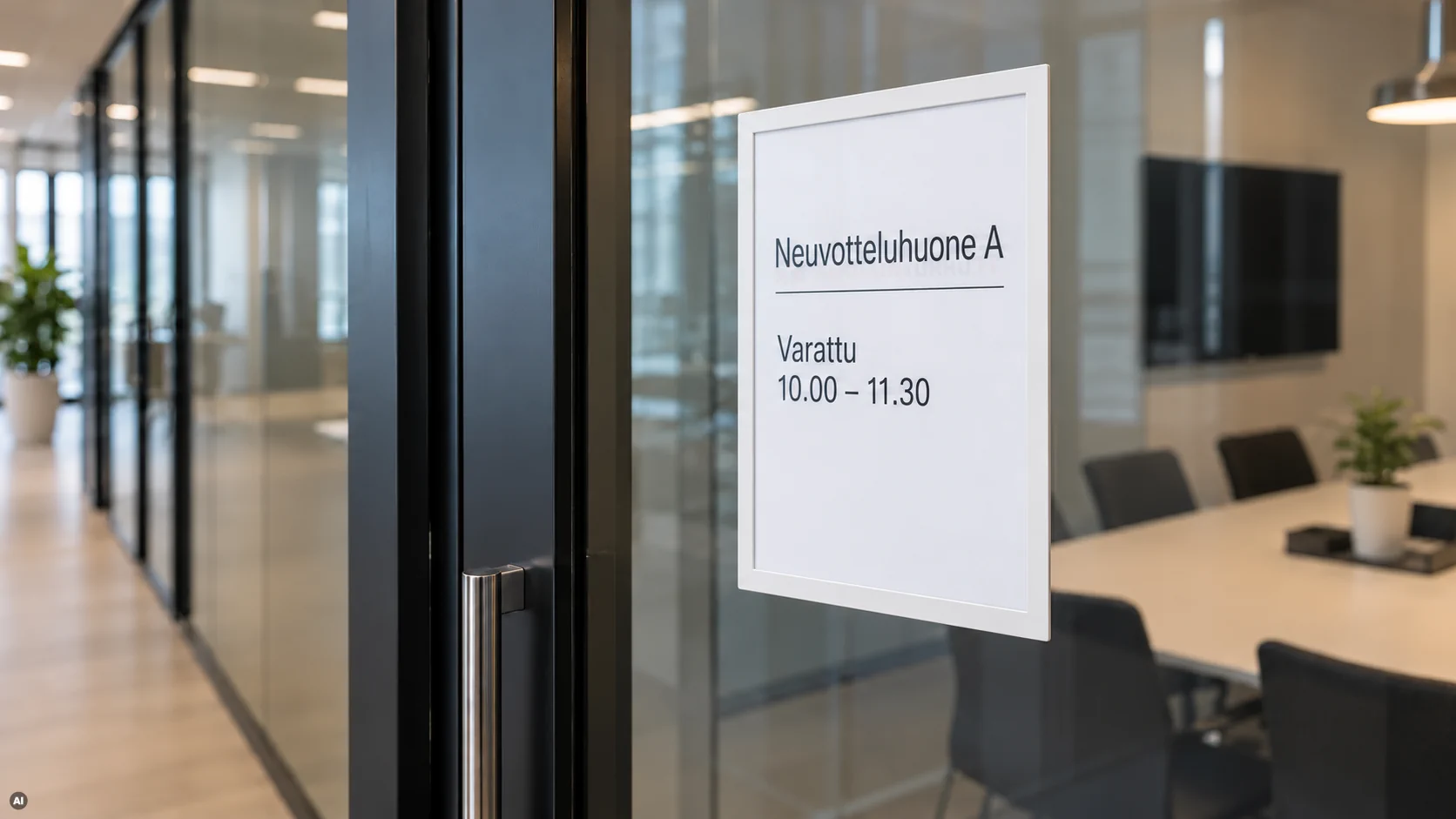 Valkoinen itsekiinnittyvä A4-magneettitasku kokoushuoneen lasiovessa varausilmoituksen esillepanoon